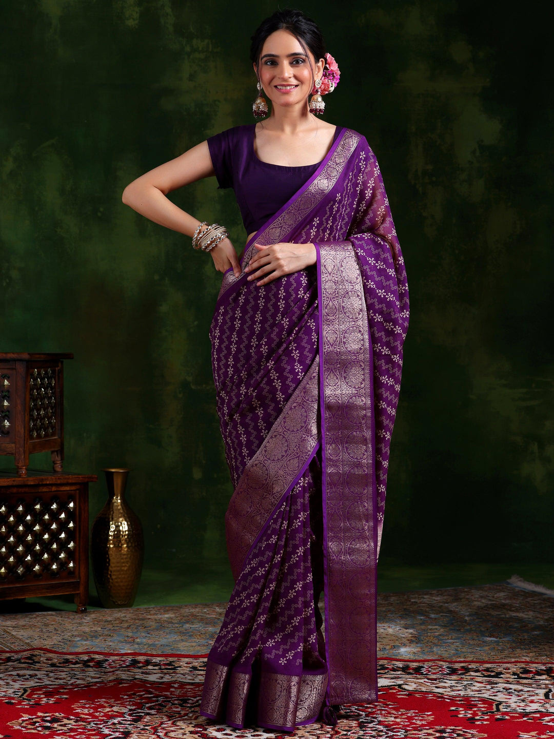 Wine Printed Silk Blend Saree With Unstitched Blouse Piece - Libas