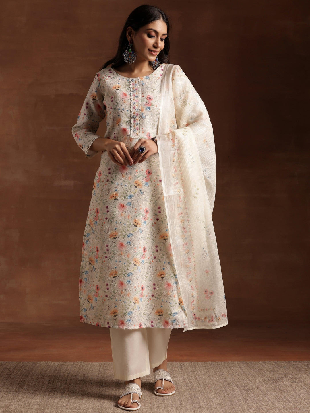 Cream Printed Cotton Straight Suit With Dupatta - Libas