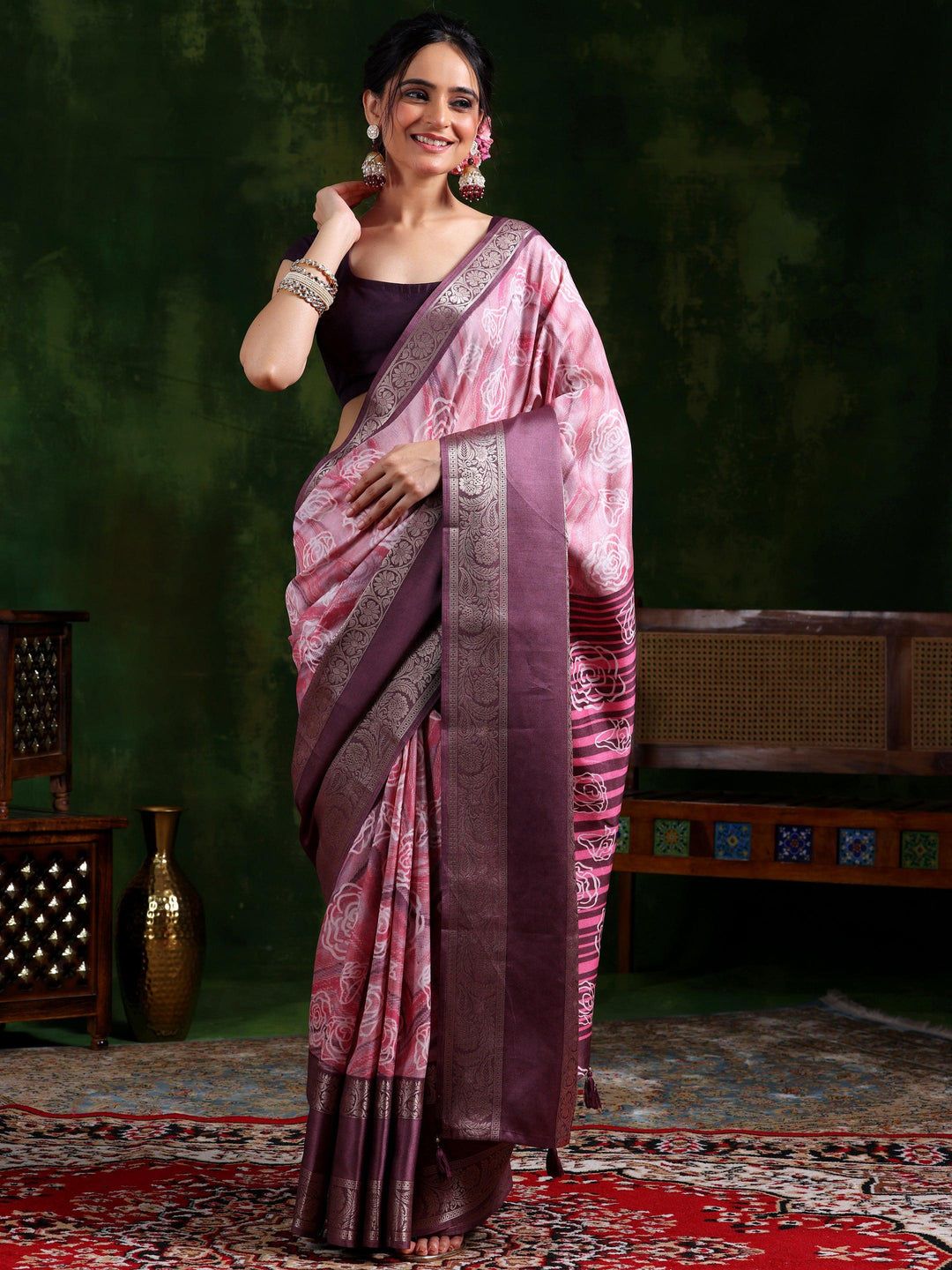 Mauve Printed Silk Blend Saree With Unstitched Blouse Piece - Libas