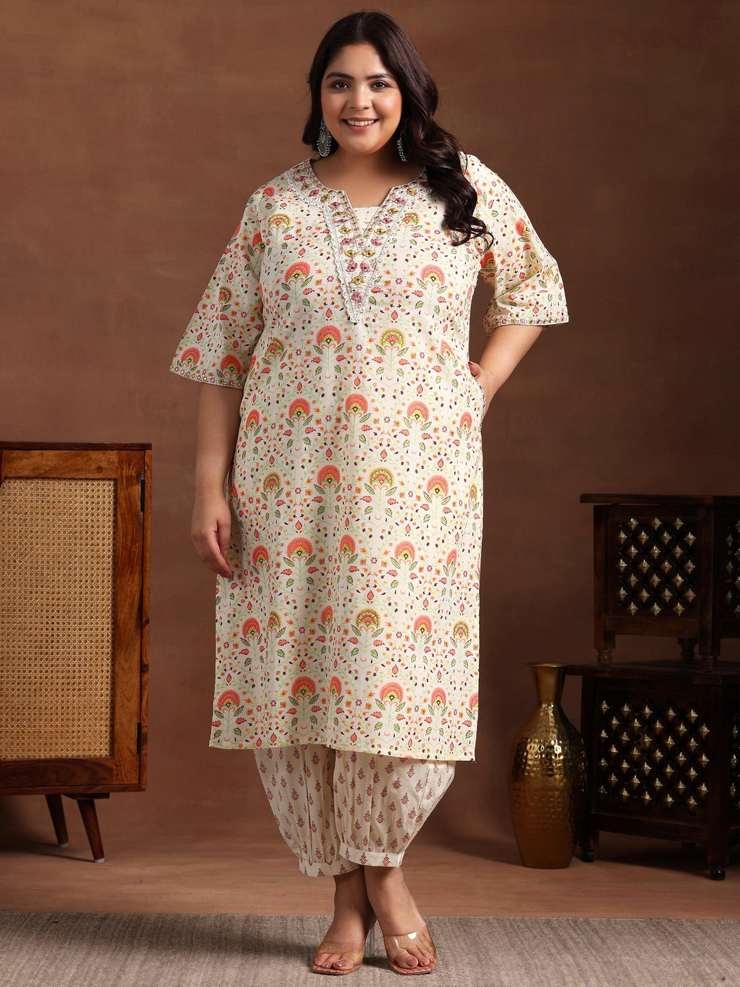 Plus Size Off White Printed Cotton Straight Kurta With Salwar - Libas 