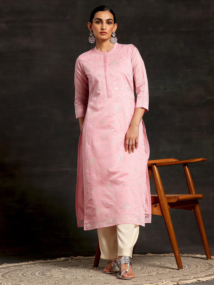 Pink Embroidered Chanderi Silk Straight Kurta - Libas