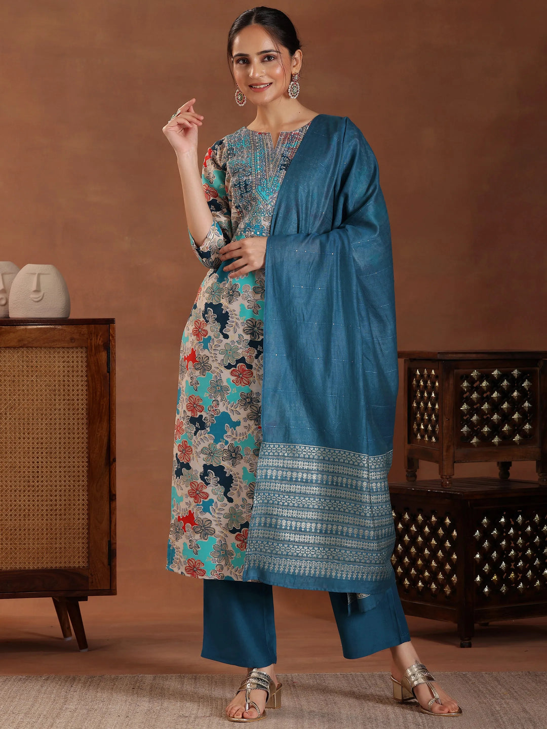  Blue Printed Silk Blend Straight Suit With Dupatta 