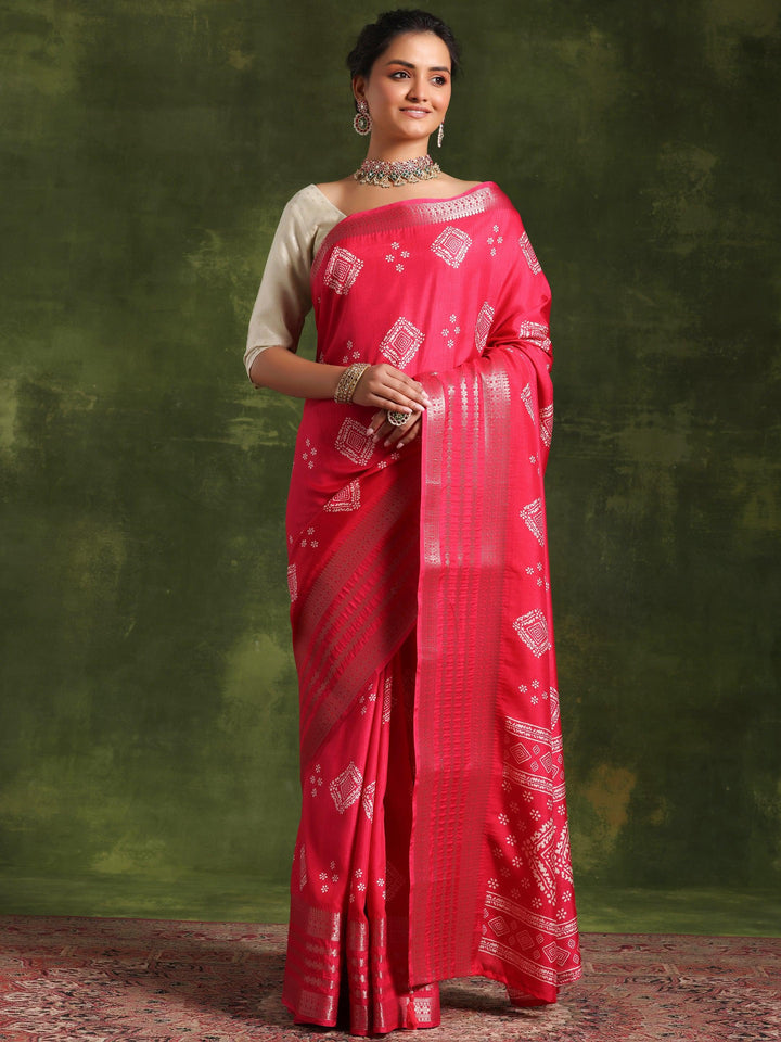 Pink Printed Silk Blend Saree With Unstitched Blouse Piece - Libas