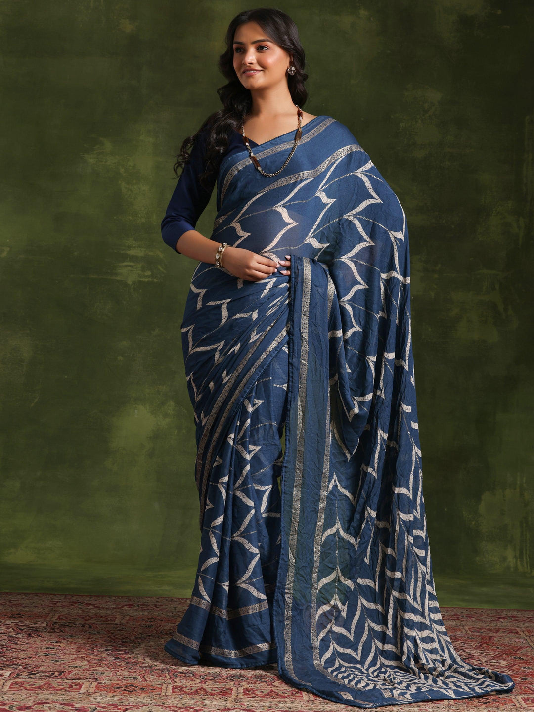 Blue Printed Poly Georgette Saree With Unstitched Blouse Piece - Libas