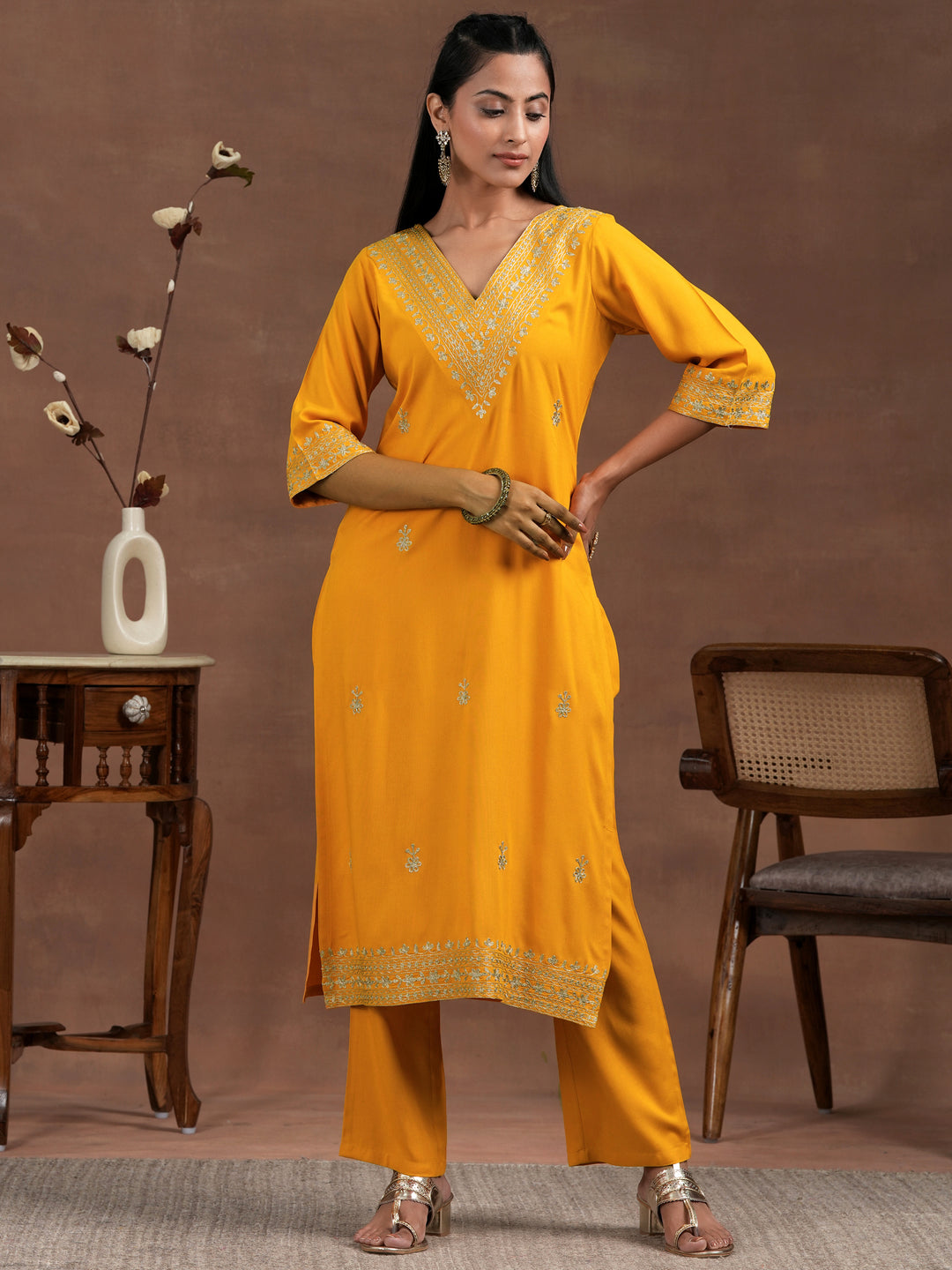  Yellow Embroidered Rayon Straight Kurta Set 