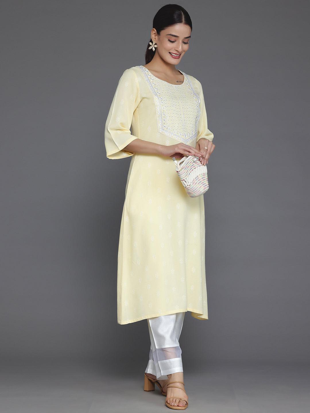 Yellow Woven Design Rayon Straight Kurta - Libas