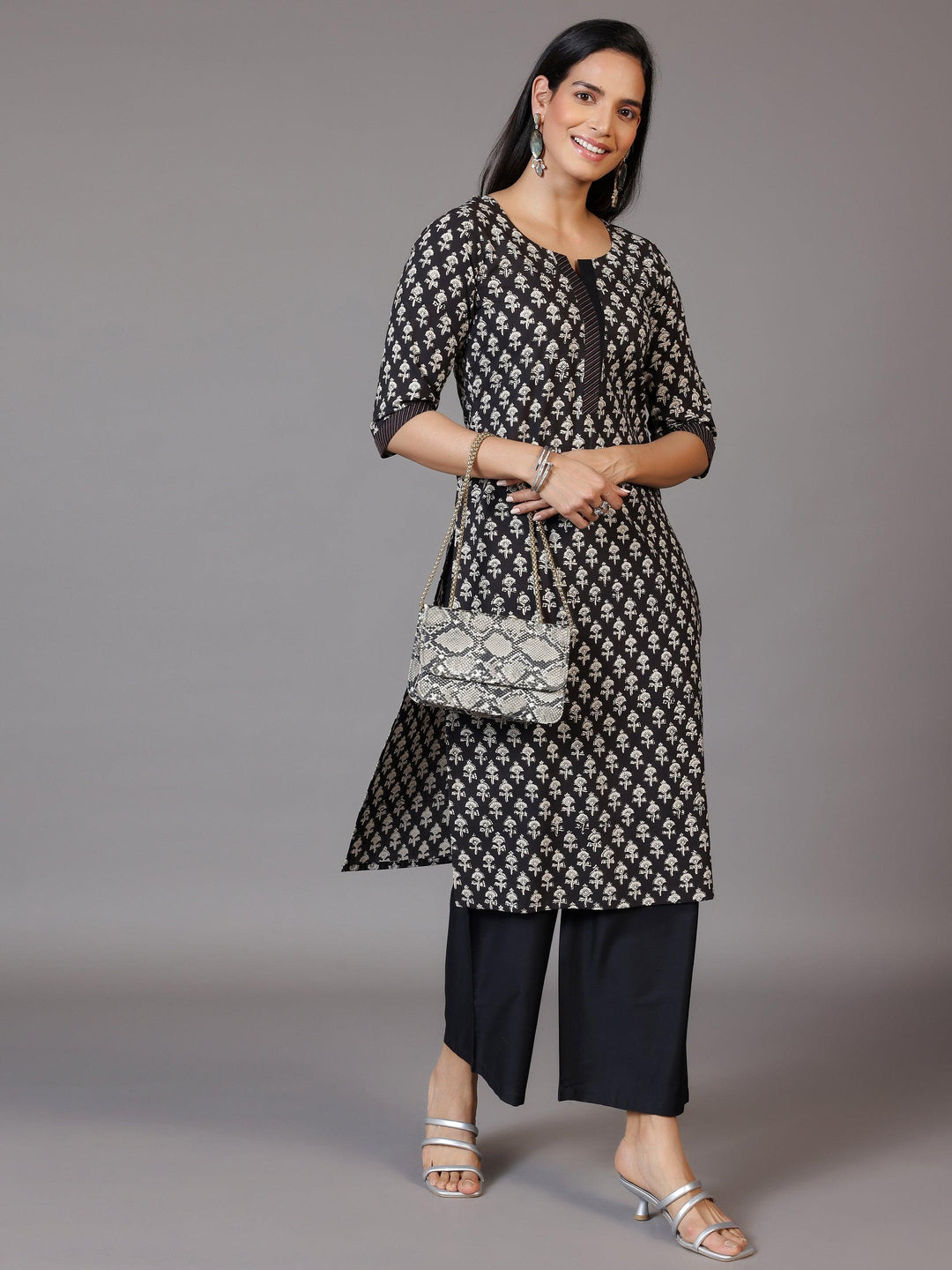 Black Printed Cotton Straight Kurta - Libas