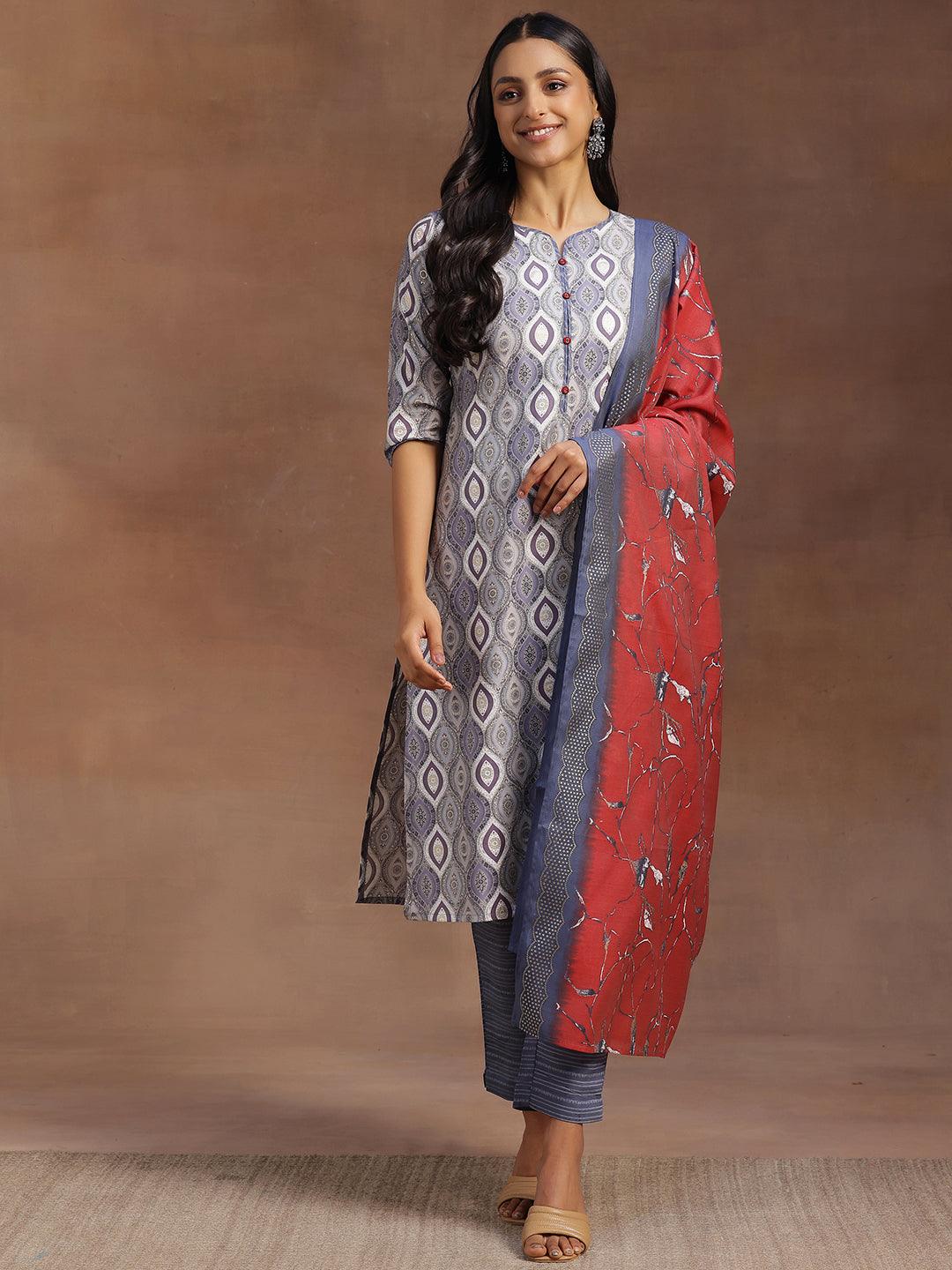 Grey Printed Silk Blend Straight Suit With Dupatta