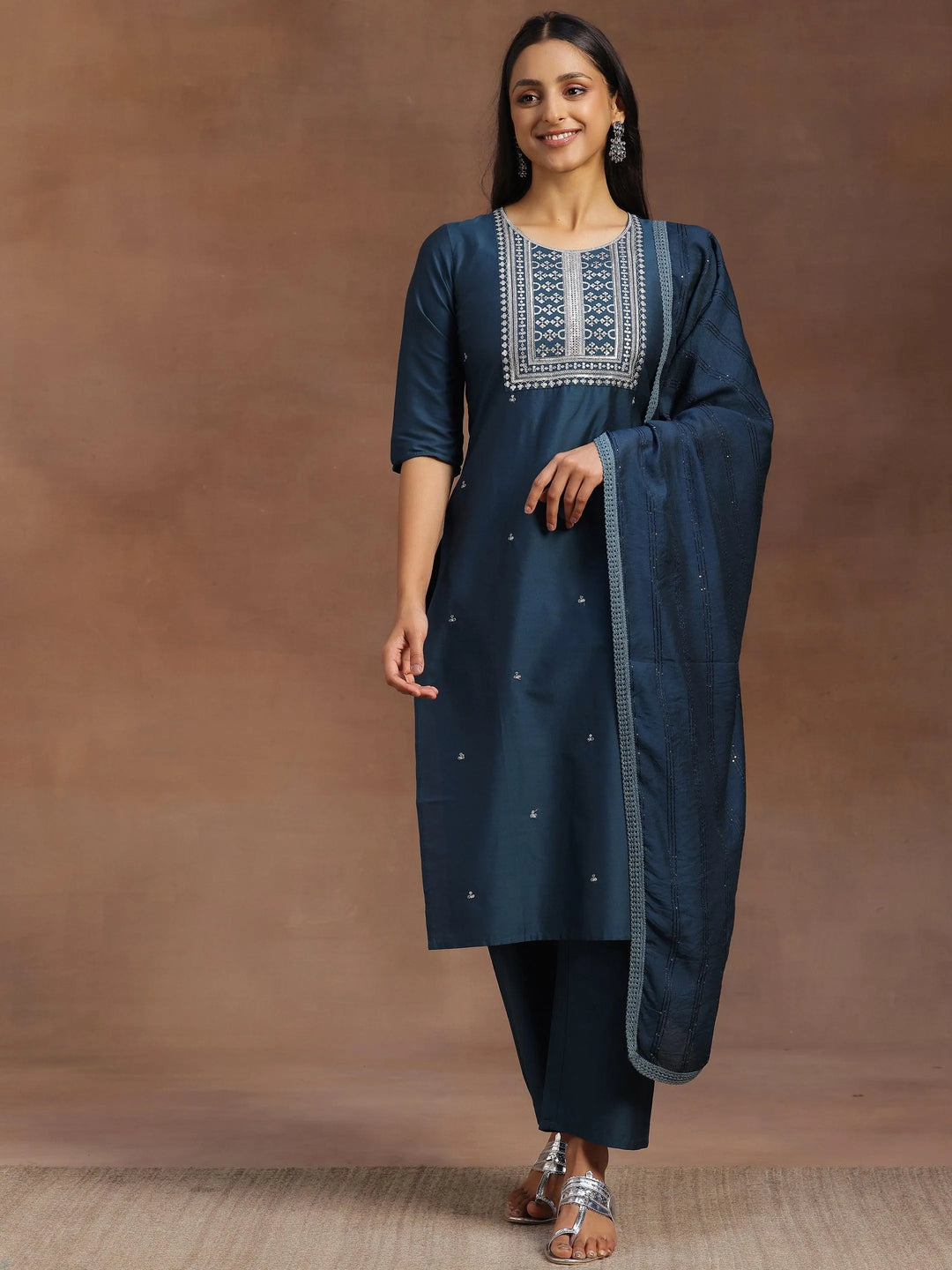 Blue Yoke Design Silk Blend Straight Suit With Dupatta - Libas