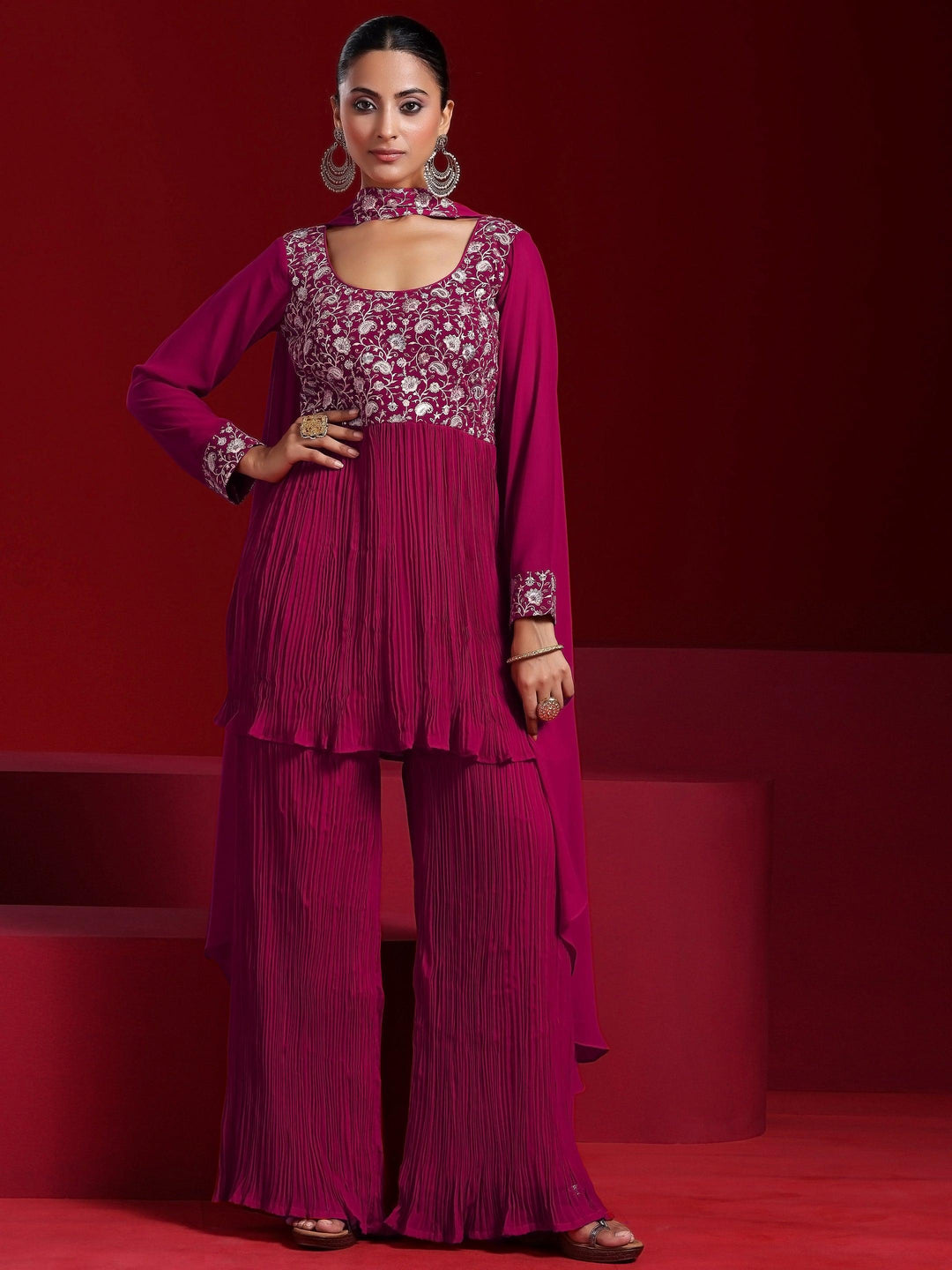 Libas Art Pink Embroidered Georgette A-Line Kurta With Sharara & Dupatta - Libas 