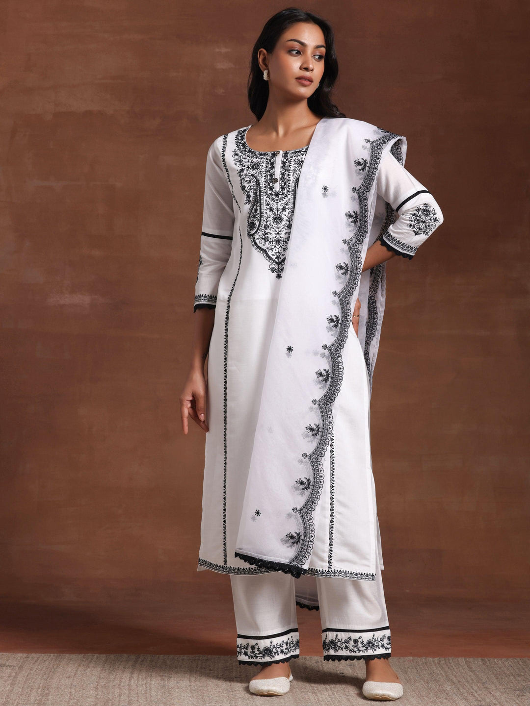 White Embroidered Silk Blend Straight Suit With Dupatta - Libas 