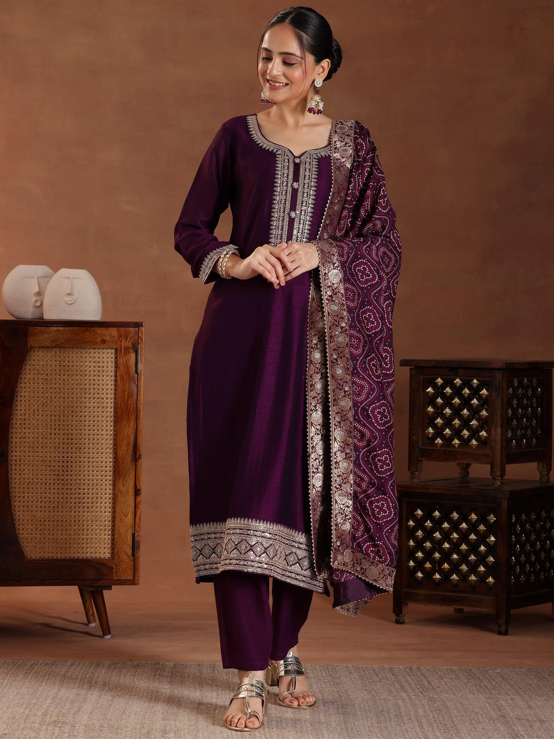 Wine Embroidered Silk Blend Straight Suit With Dupatta - Libas 