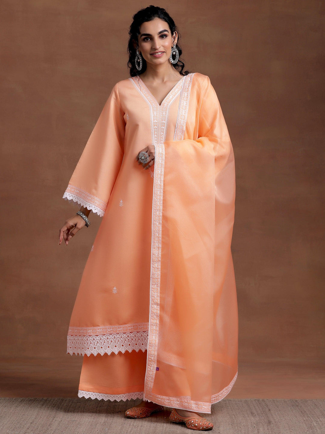 Peach Embroidered Silk Blend A-Line Kurta With Palazzos & Dupatta - Libas 