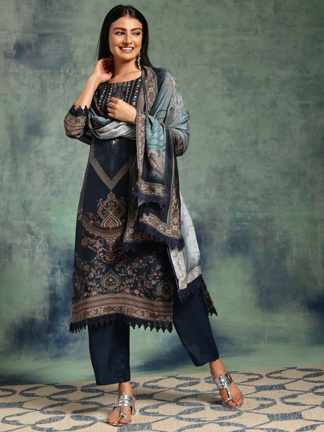 Blue Printed Silk Blend Straight Suit With Dupatta - Libas 