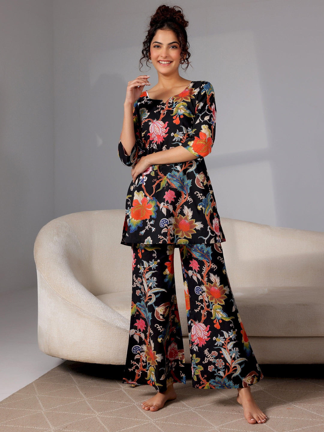 Black Printed Cotton Night Suits - Libas