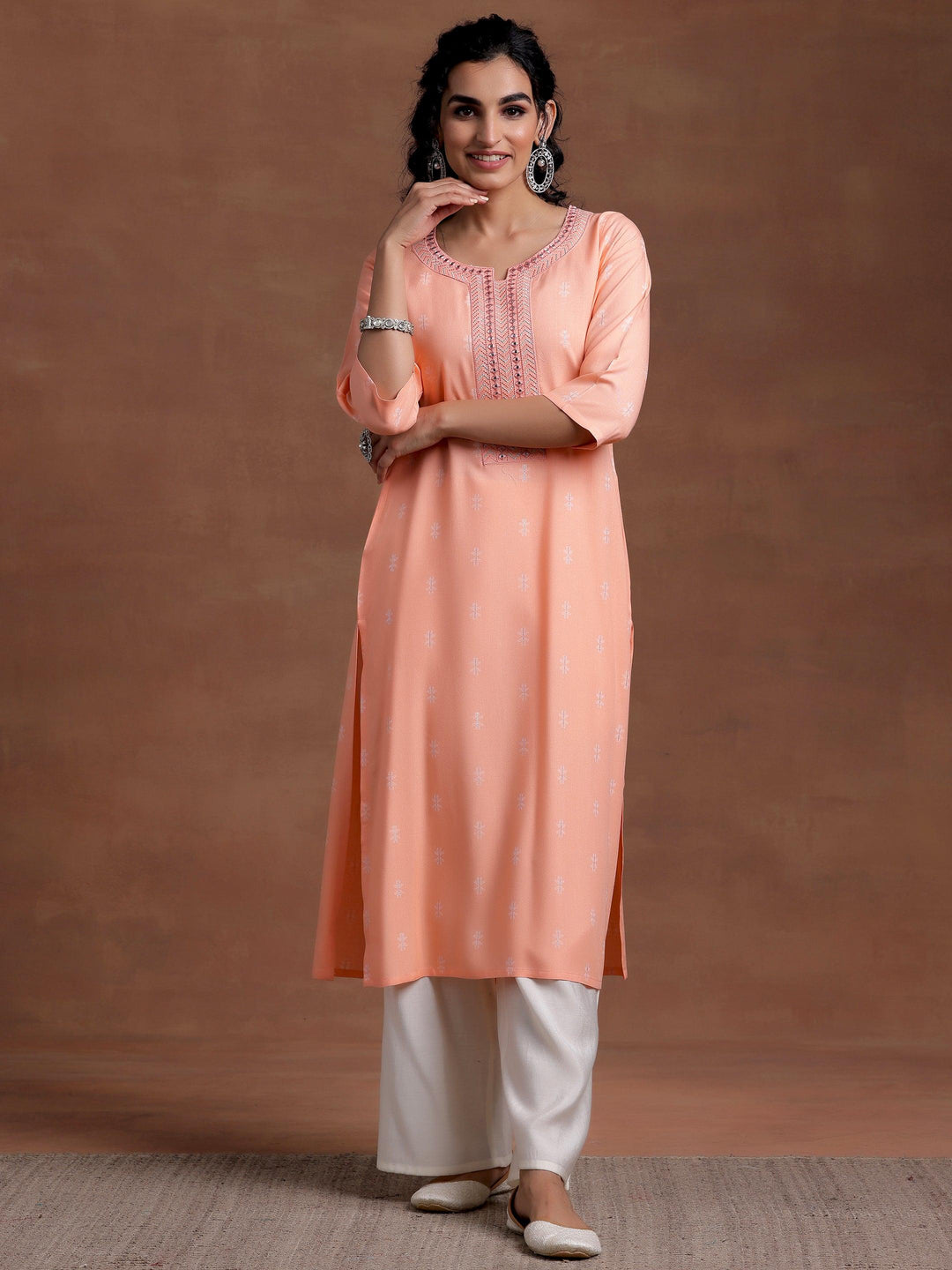 Peach Woven Design Cotton Straight Kurta - Libas 