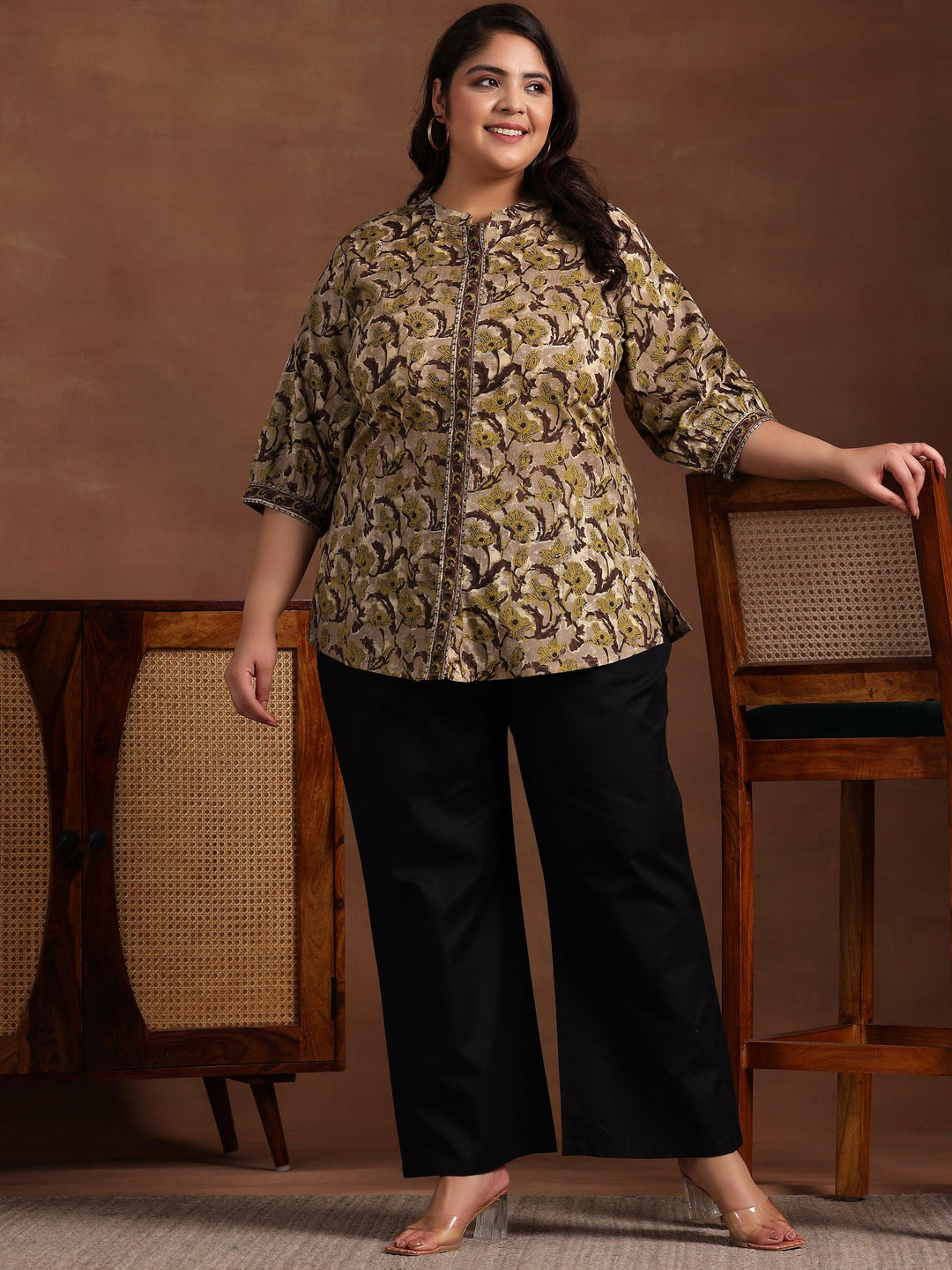 Plus Size Brown Printed Cotton Straight Kurti - Libas