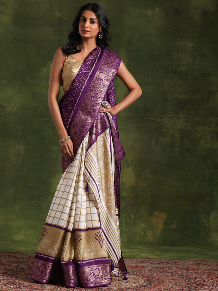 Purple Printed Silk Blend Saree With Unstitched Blouse Piece - Libas