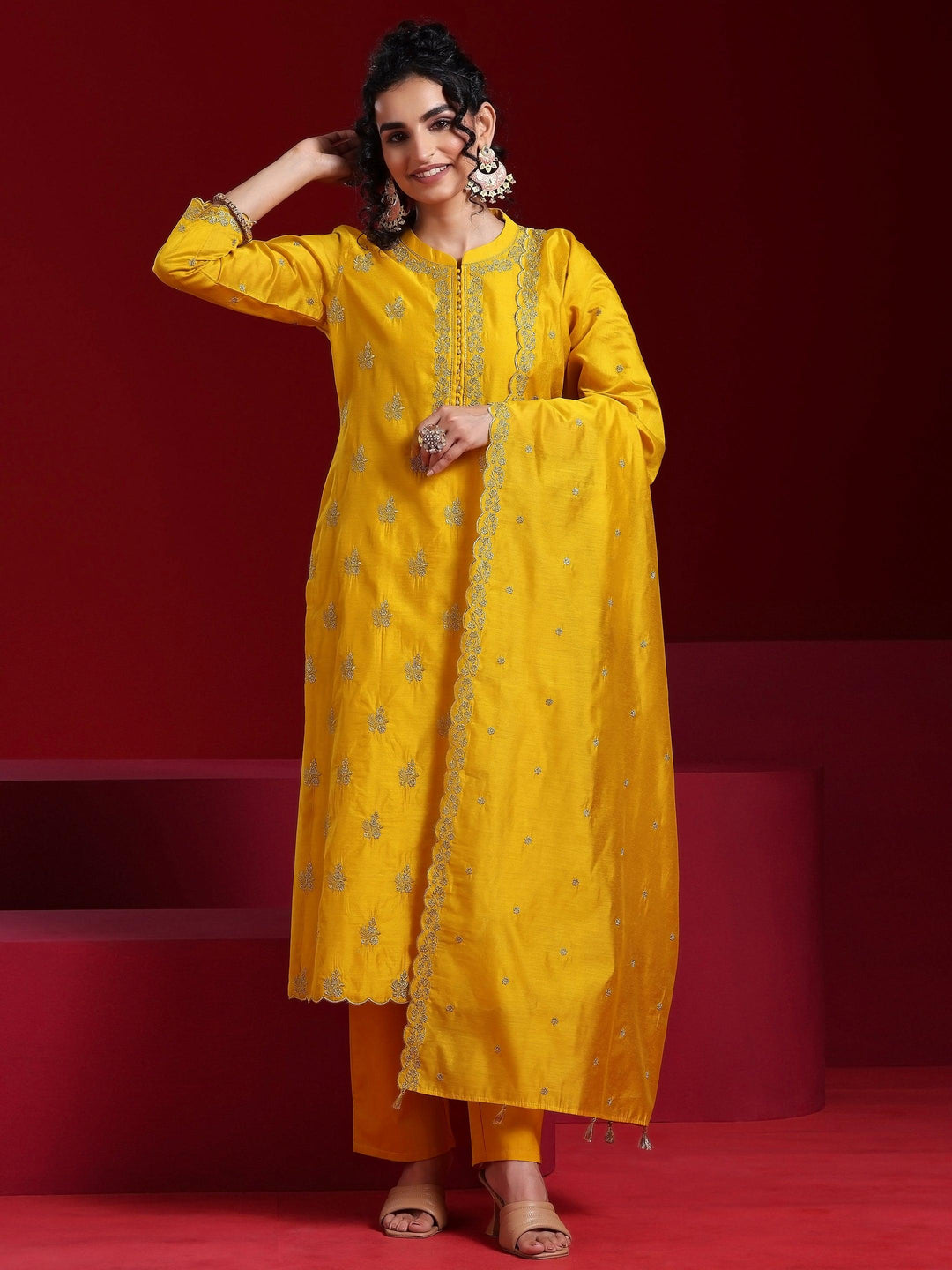 Libas Art Mustard Embroidered Chanderi Silk Straight Suit With Dupatta - Libas 