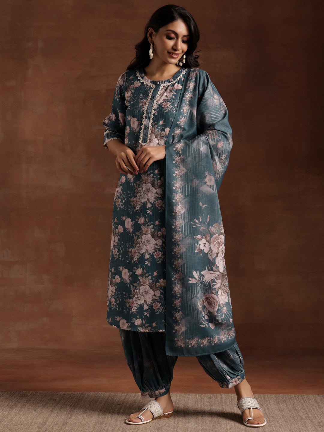 Green Printed Cotton Straight Suit With Dupatta - Libas 