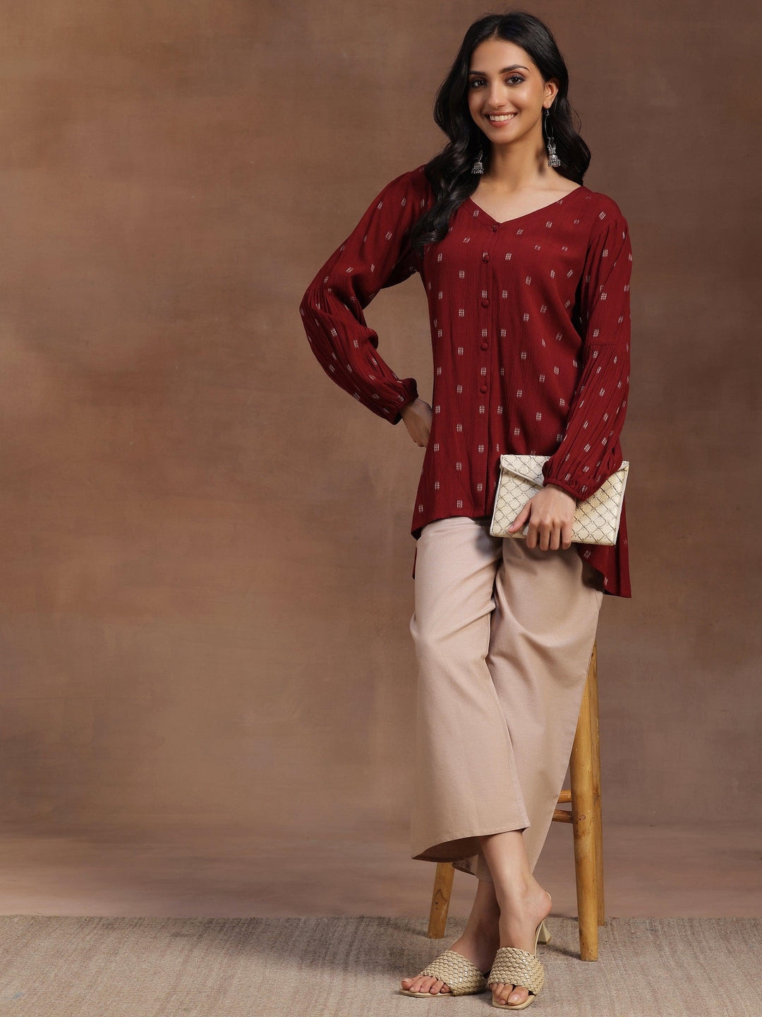  Maroon Woven Design Cotton A-line Kurti 