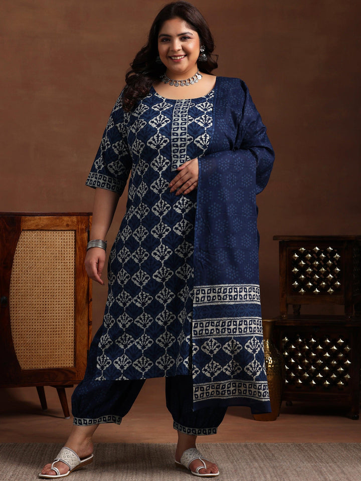 Plus Size Blue Printed Cotton Straight Suit With Dupatta - Libas