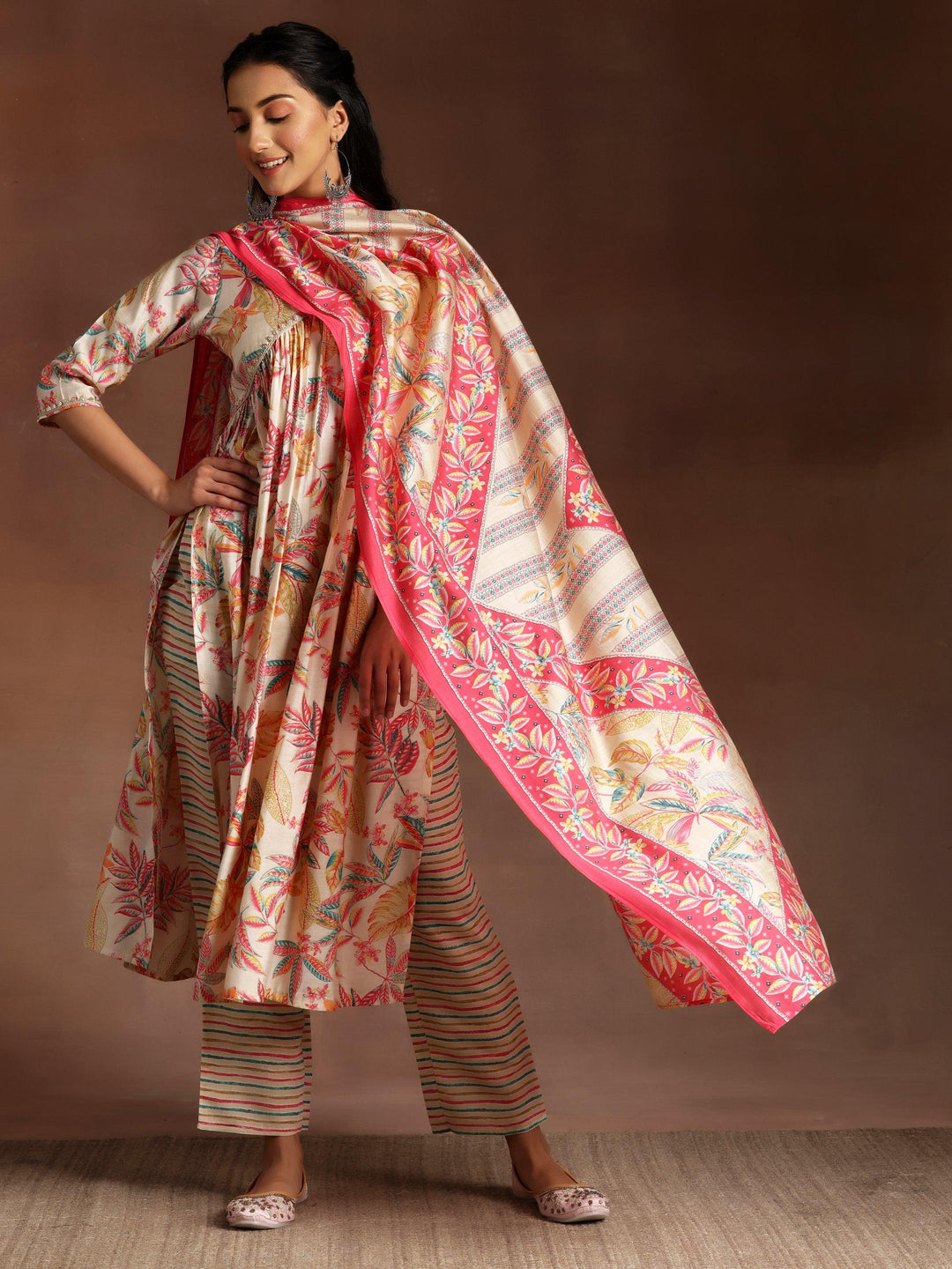 Off White Printed Silk Blend Straight Suit With Dupatta - Libas 