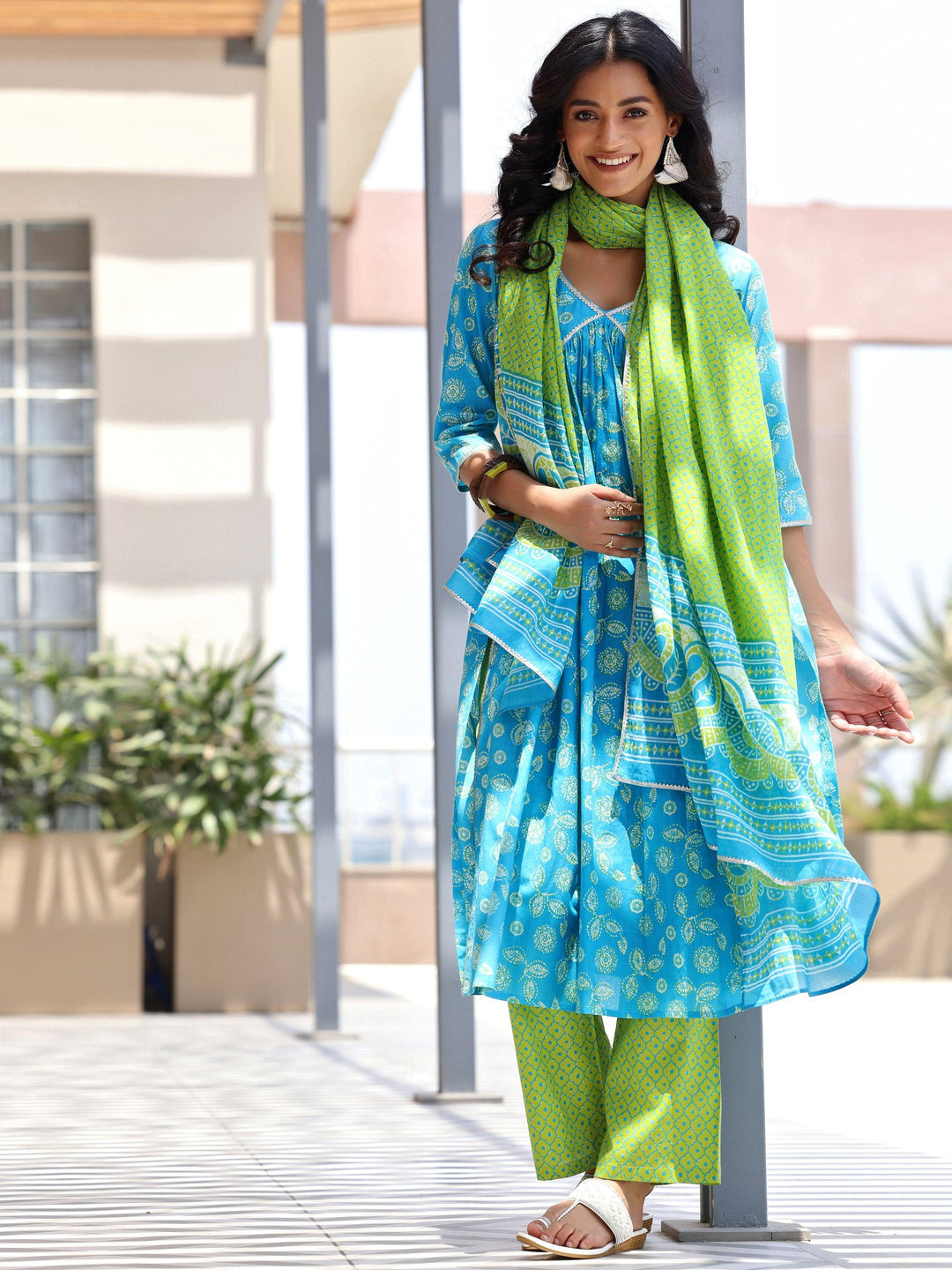 Blue Printed Cotton A-Line Kurta With Palazzos & Dupatta - Libas 