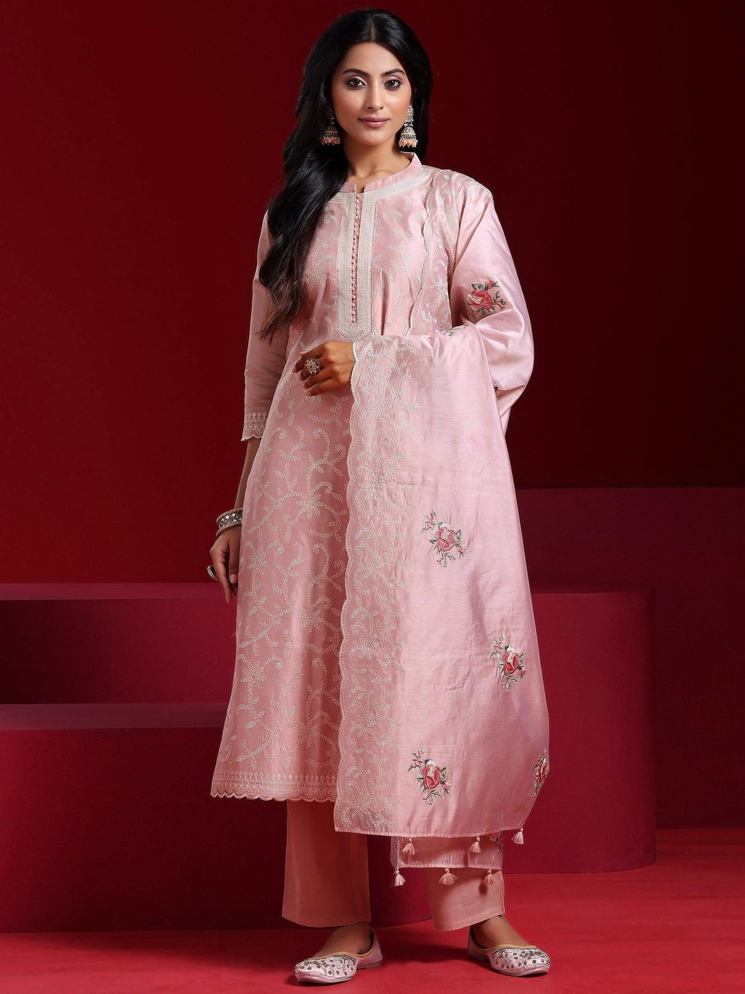 Libas Art Pink Embroidered Chanderi Silk Straight Suit With Dupatta - Libas 