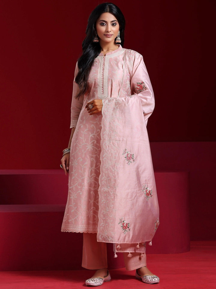 Libas Art Pink Embroidered Chanderi Silk Straight Suit With Dupatta - Libas