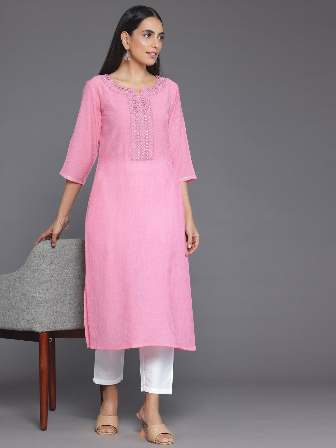 Pink Yoke Design Cotton Straight Kurta - Libas 