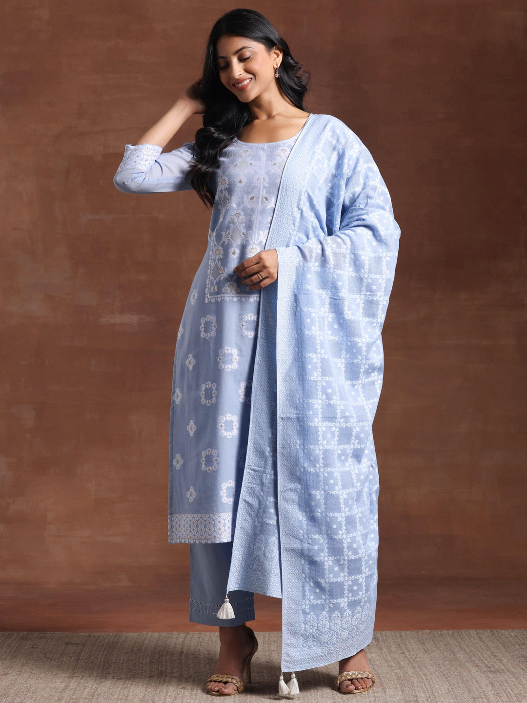 Blue Woven Design Cotton Straight Suit With Dupatta - Libas