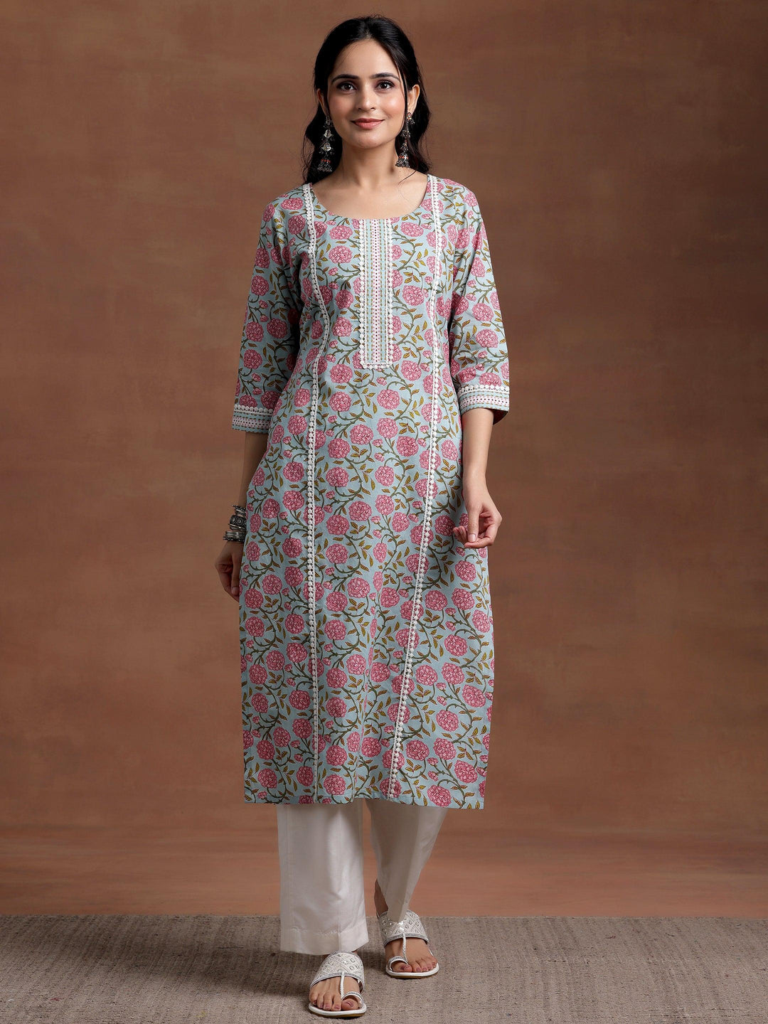 Blue Printed Cotton Straight Kurta - Libas