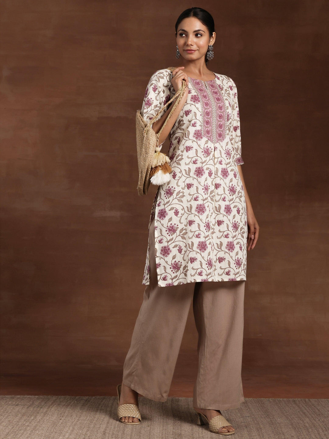 Beige Printed Cotton Straight Kurta - Libas 