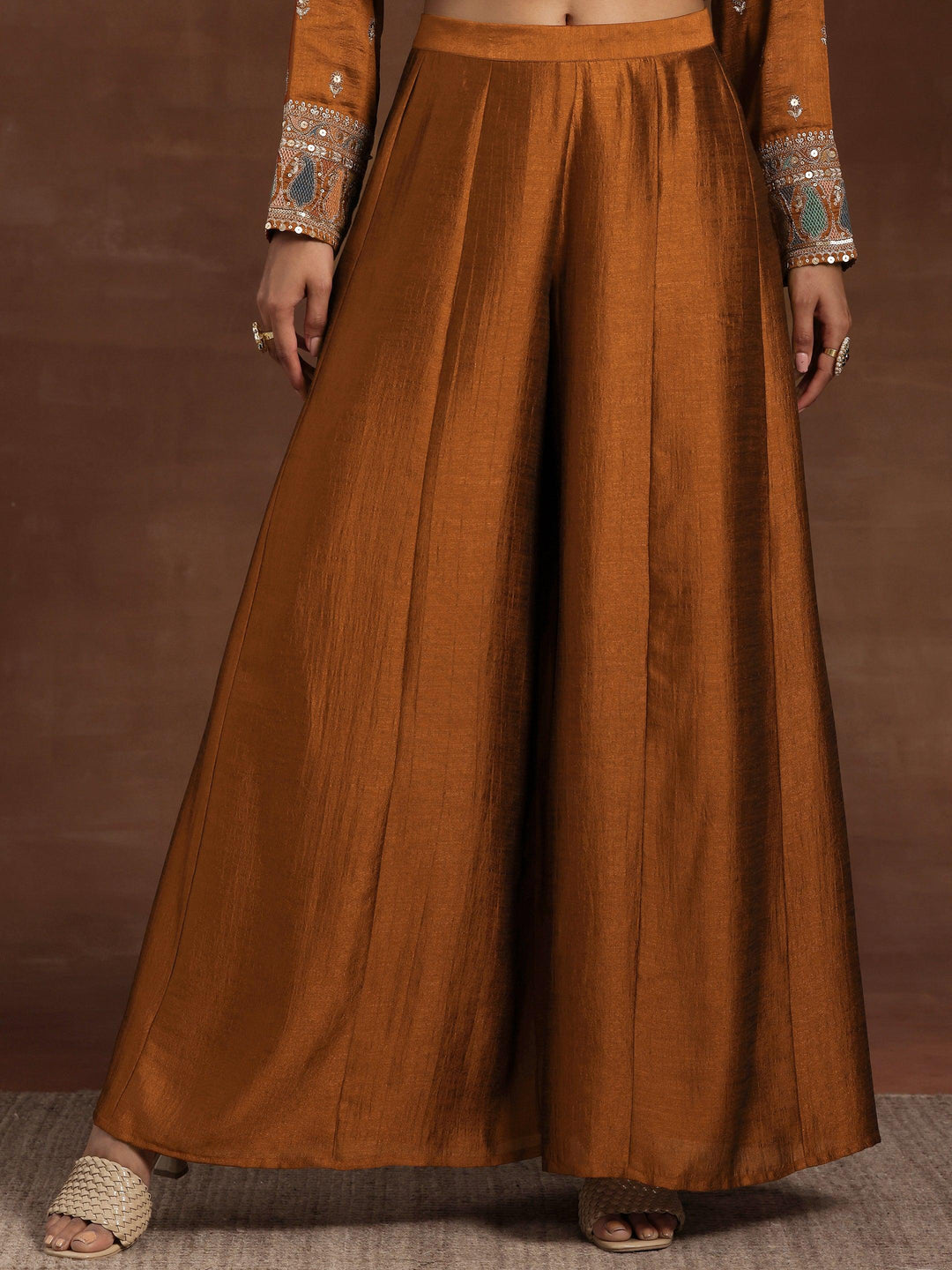 Rust Embroidered Silk Blend Straight Kurta With Palazzos & Dupatta - Libas 