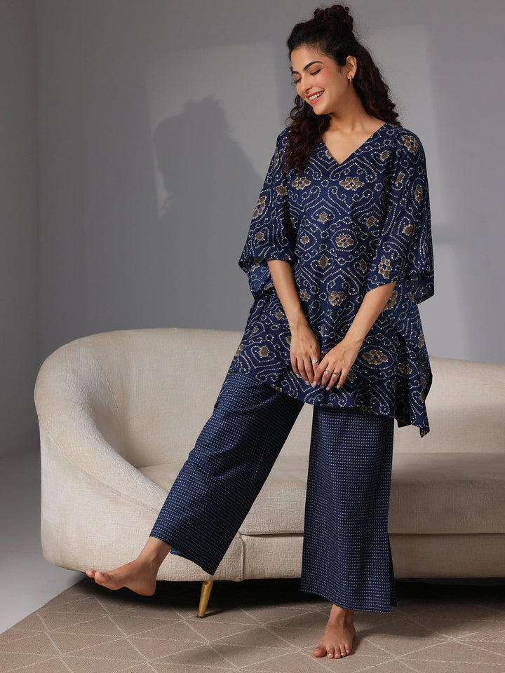 Blue Printed Cotton Night Suits - Libas