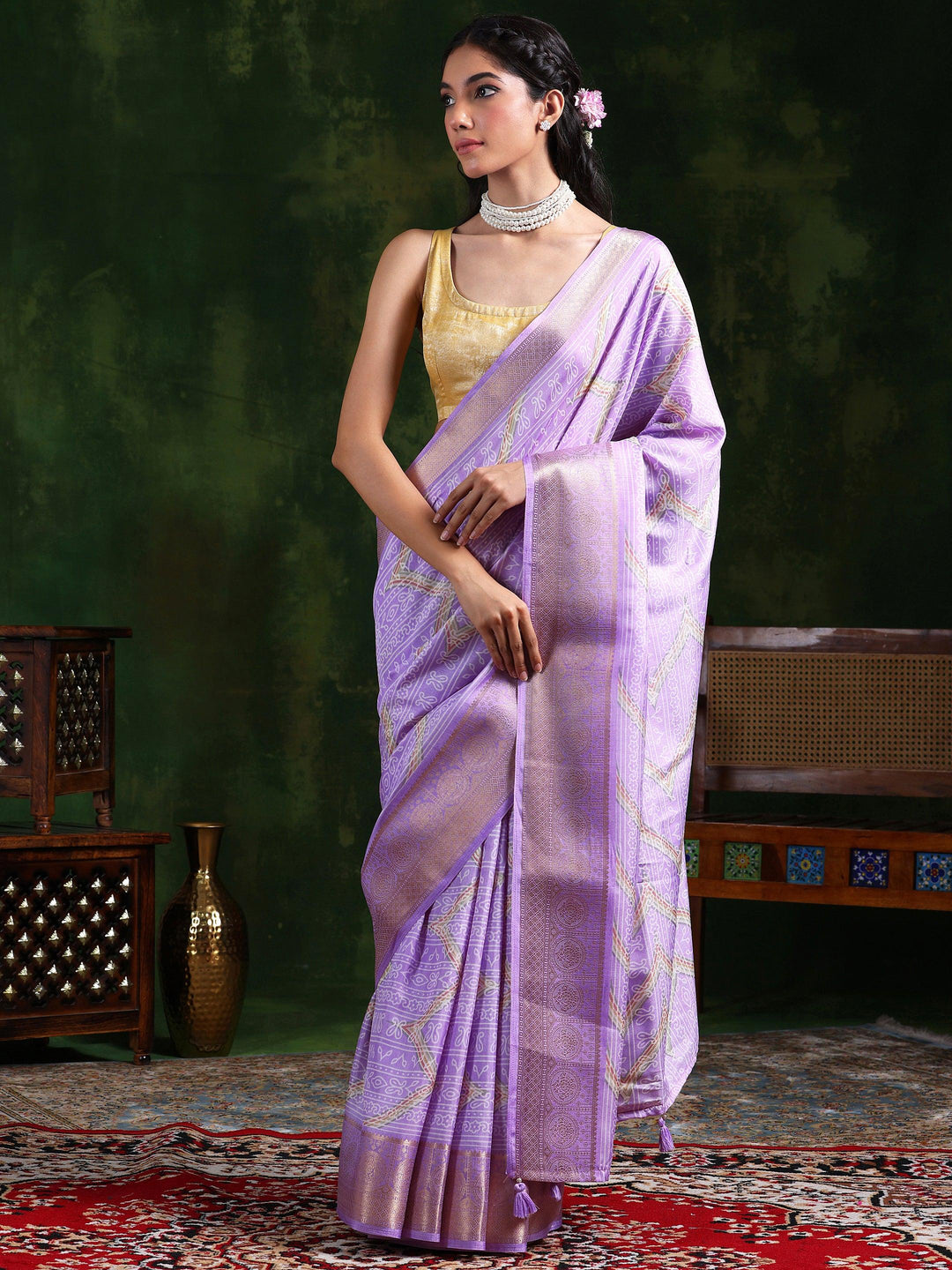 Lavender Printed Silk Blend Saree With Unstitched Blouse Piece - Libas