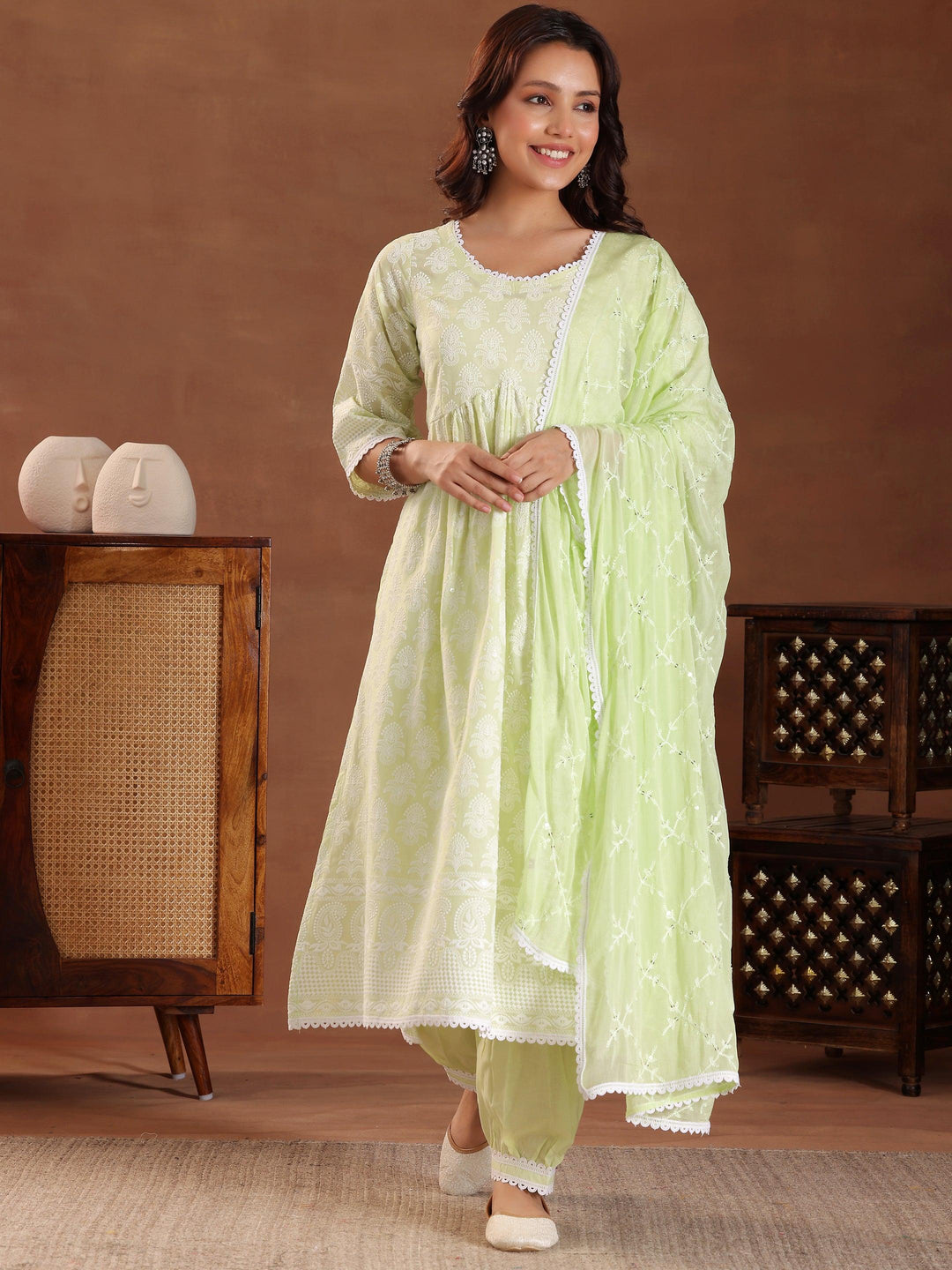 Green Embroidered Pure Cotton A-Line Kurta With Sharara & Dupatta - Libas 