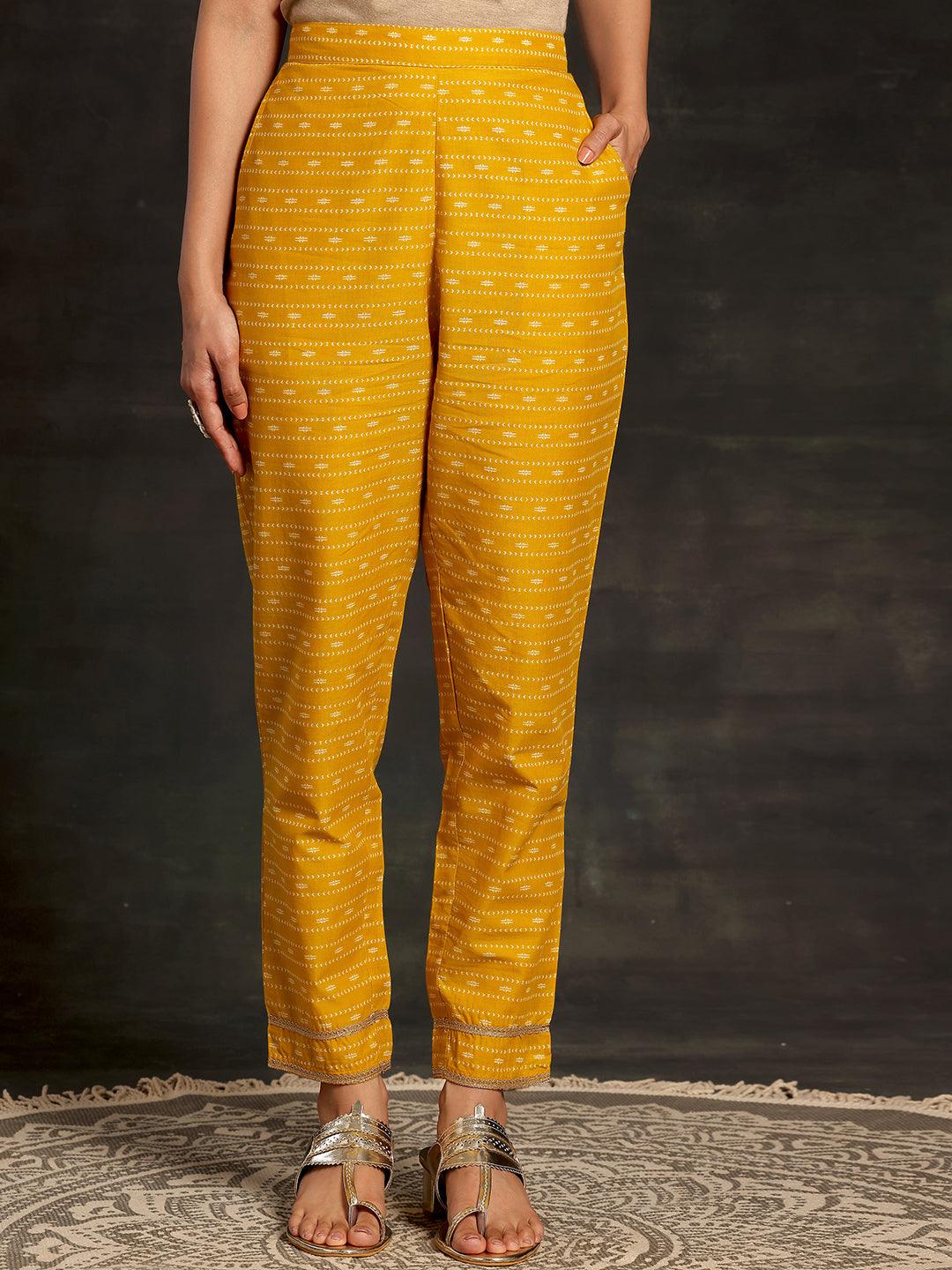 Mustard Printed Cotton Straight Suit With Dupatta - Libas