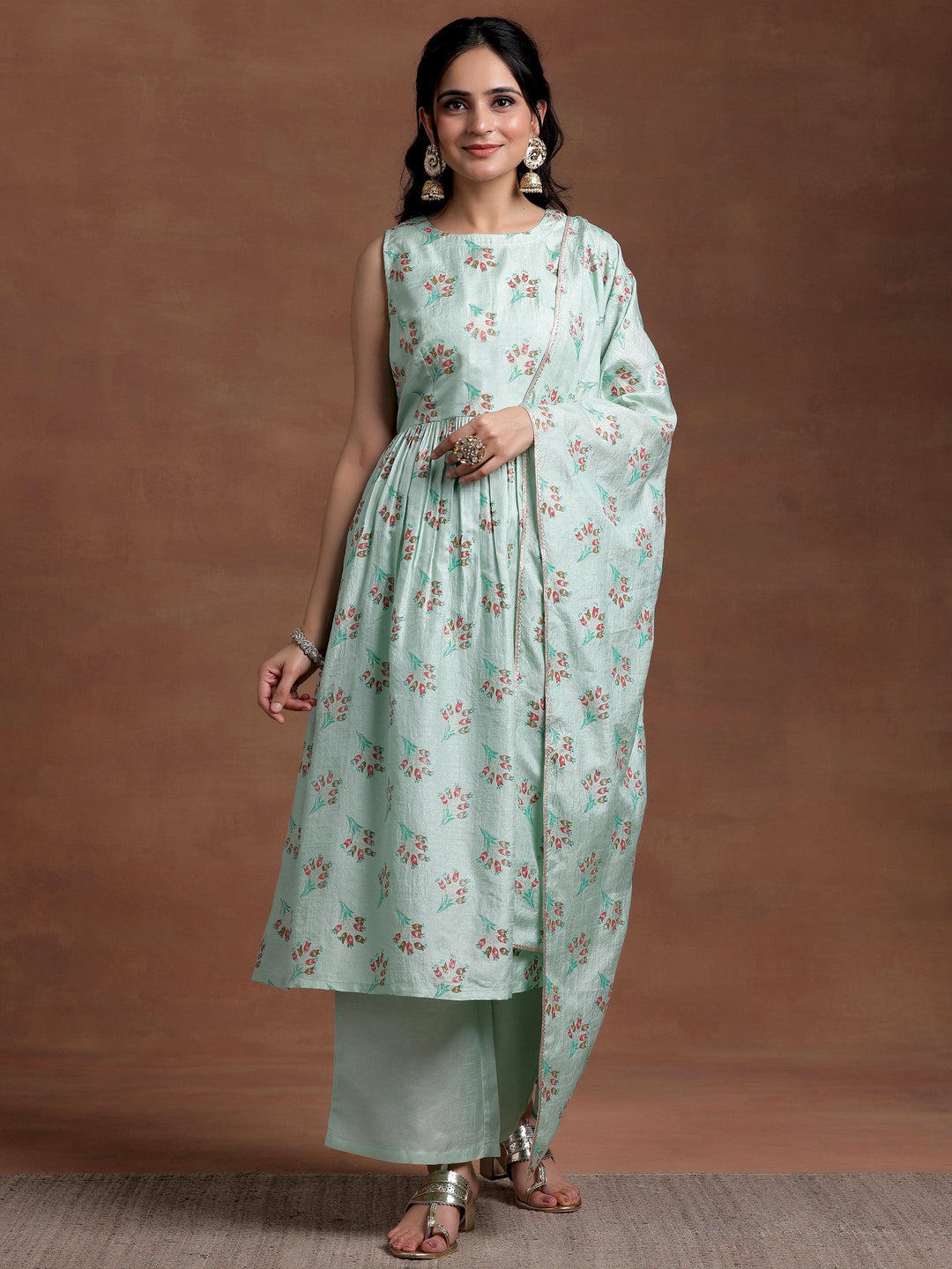 Sea green Printed Silk Blend A-Line Kurta With Palazzos & Dupatta - Libas