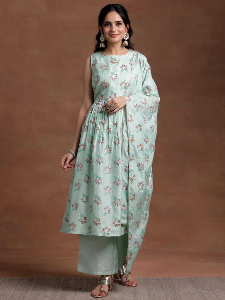 Sea green Printed Silk Blend A-Line Kurta With Palazzos & Dupatta - Libas