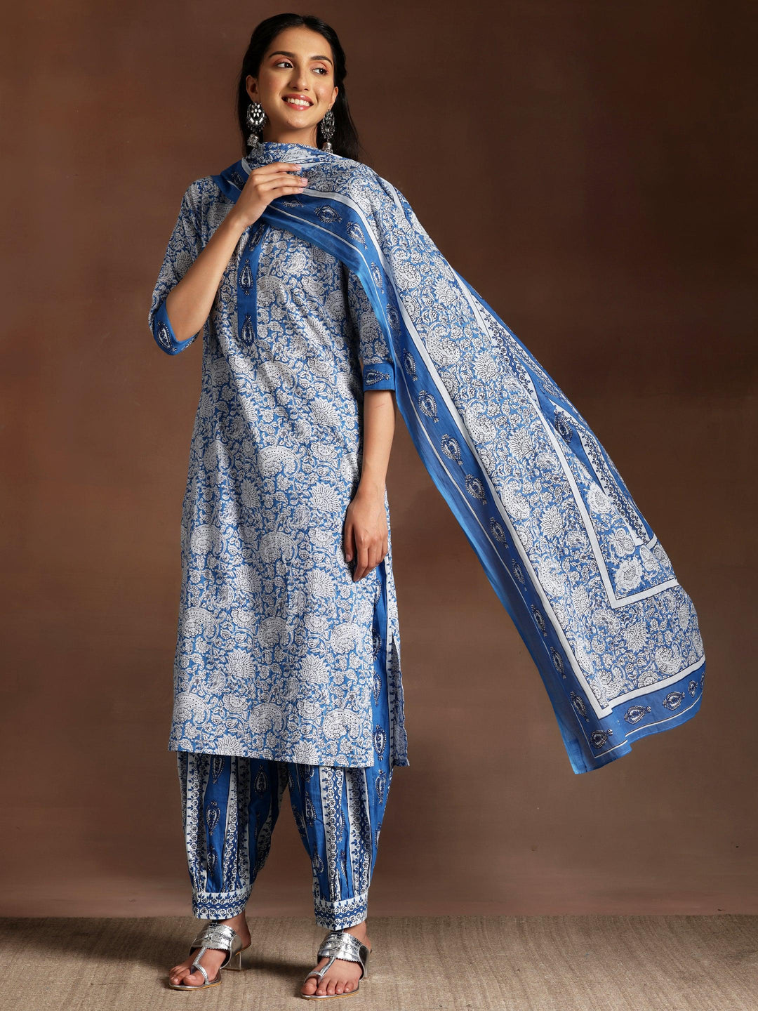 Blue Printed Cotton Straight Suit With Dupatta - Libas 