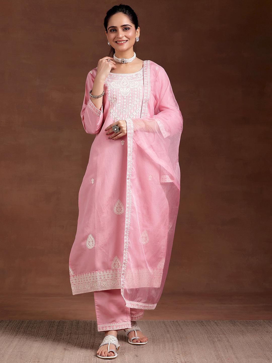 Pink Embroidered Silk Blend Straight Suit With Dupatta - Libas