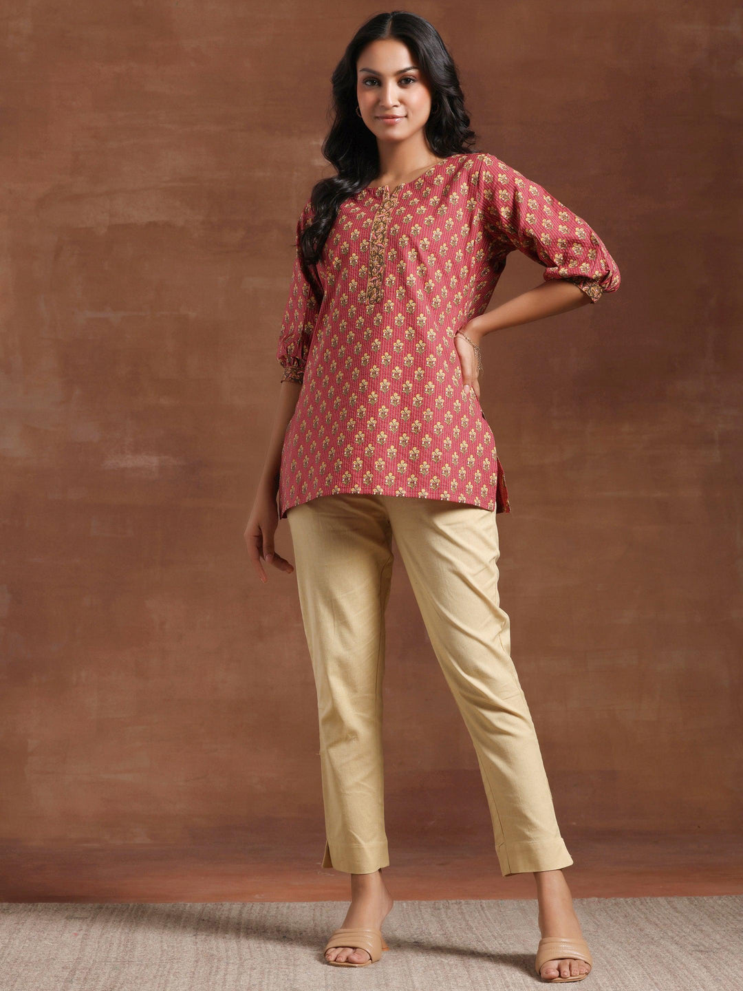 Pink Printed Cotton Straight Kurti - Libas