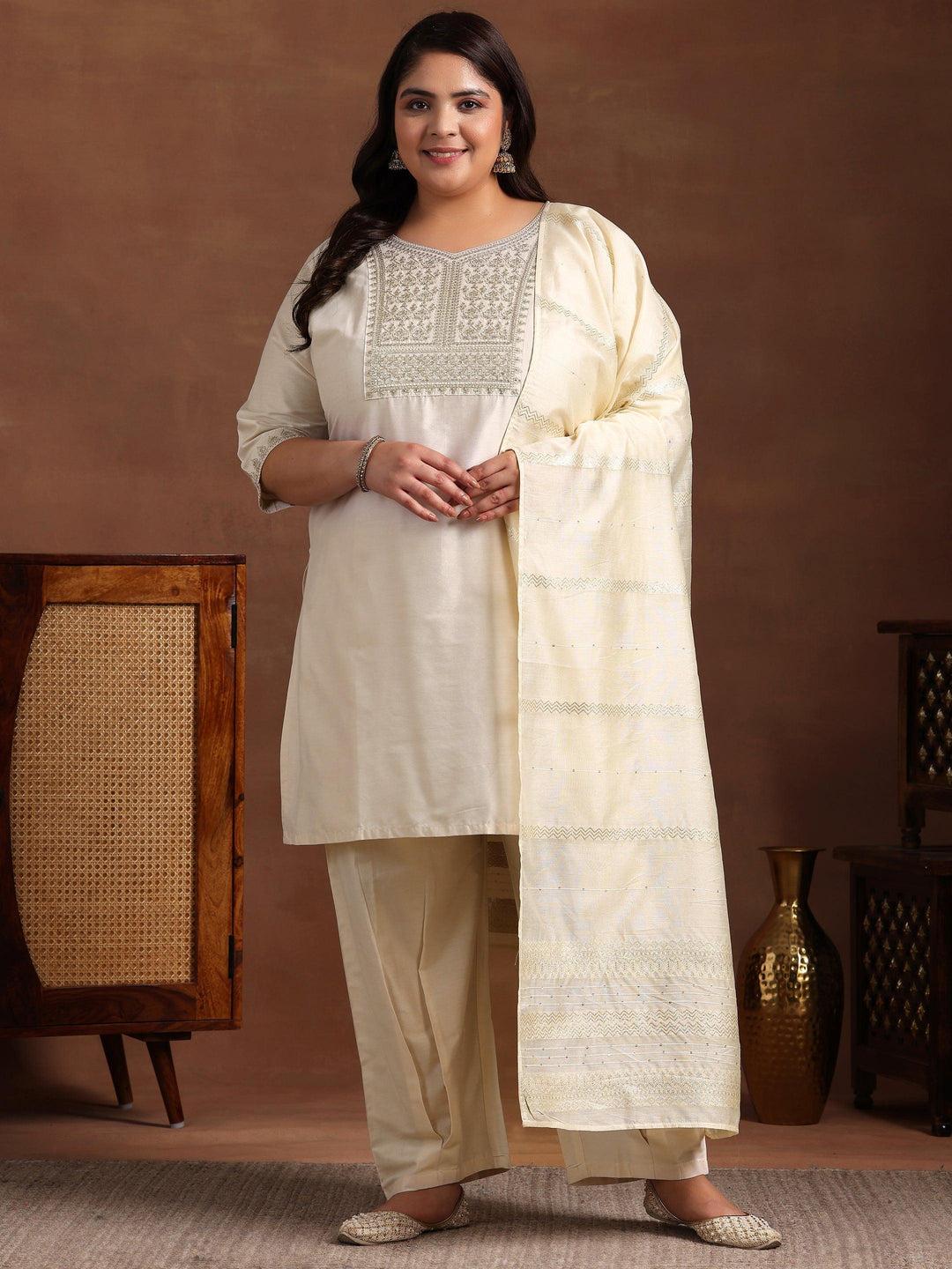 Plus Size Off White Yoke Design Silk Blend Straight Suit With Dupatta - Libas