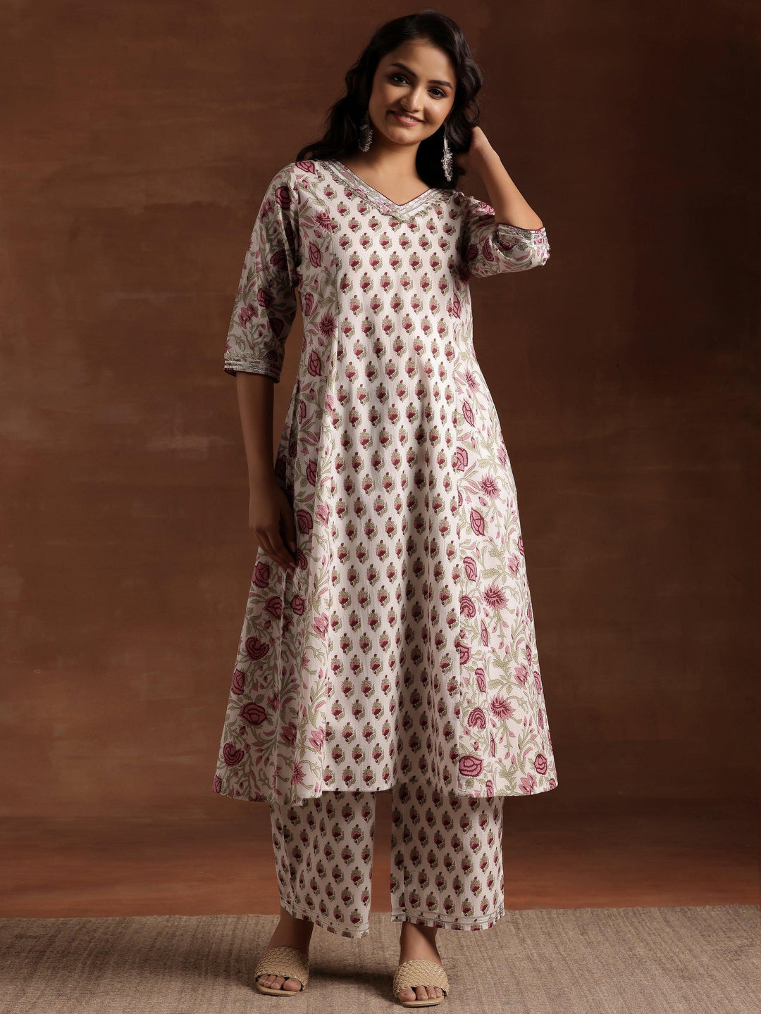 Off white Printed Cotton A-Line Kurta With Palazzos - Libas 