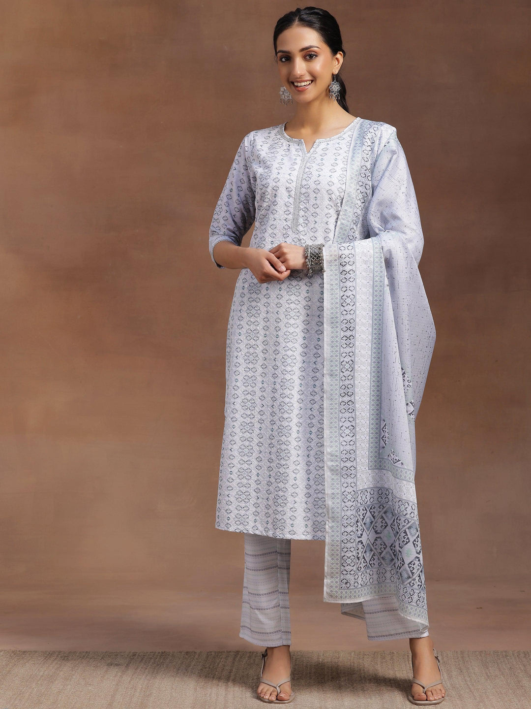 Grey Embroidered Cotton Blend Straight Suit With Dupatta - Libas 