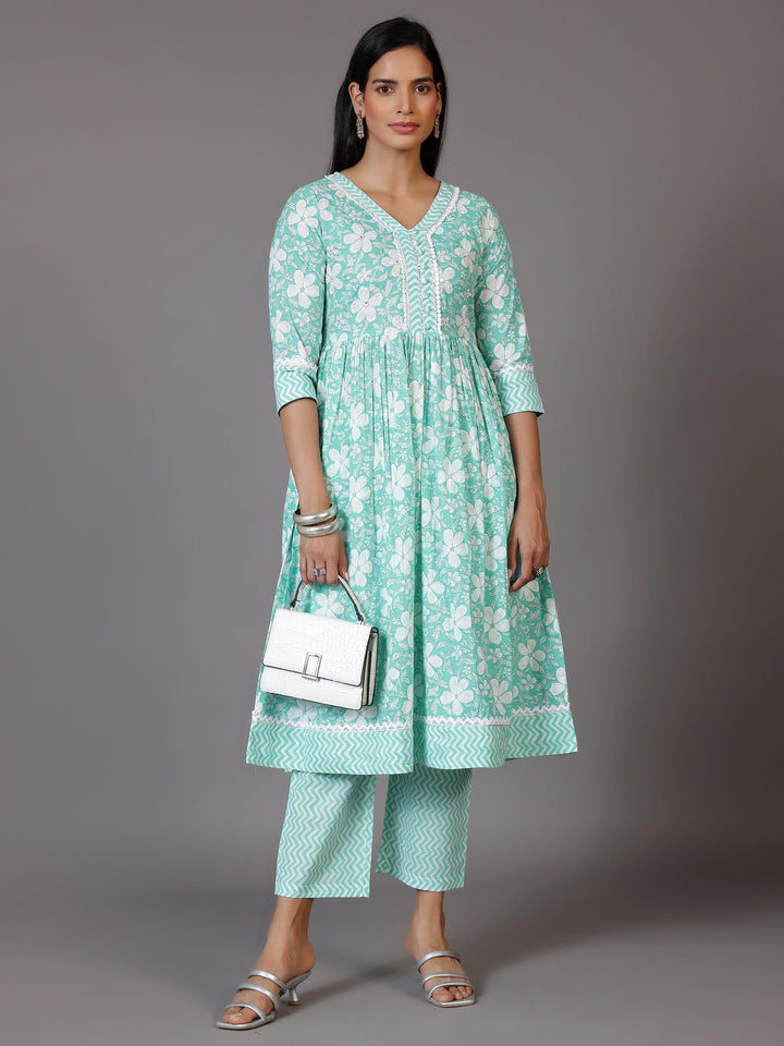 Green Printed Cotton Anarkali Kurta Set - Libas