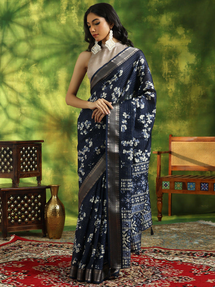 Blue Printed Silk Blend Saree With Unstitched Blouse Piece - Libas