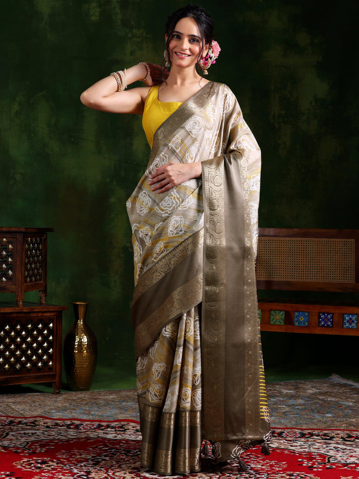 Taupe Printed Silk Blend Saree With Unstitched Blouse Piece - Libas